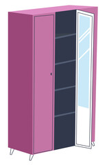 Pink wardrobe with shelves and mirror, interior design