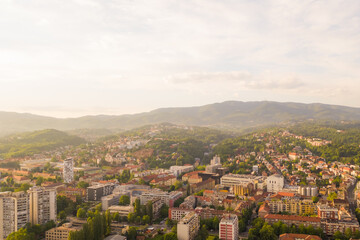 Fototapeta na wymiar Aerial view of sunset illuminating Zagreb residential area, Croatia.