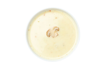 Plate with tasty mushroom soup isolated on white background