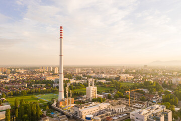 Fototapeta premium Aerial view of Zagreb power plant complex during sunset, Croatia.