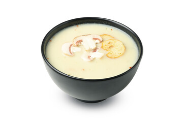Bowl with tasty mushroom soup isolated on white background
