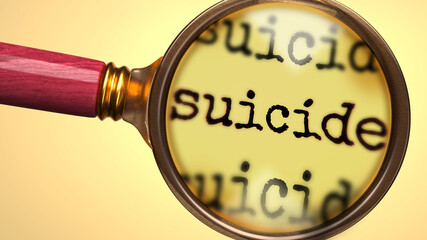 Examine and study suicide, showed as a magnify glass and word suicide to symbolize process of analyzing, exploring, learning and taking a closer look at suicide, 3d illustration