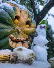 first snow, carved decorative pumpkins in the garden, a little snowman next to pumpkin decors, first snow on pumpkin decors, halloween