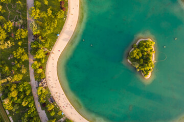 Aerial view above of Otok Ljubavi island at Jarun lake, Zagreb, Croatia.