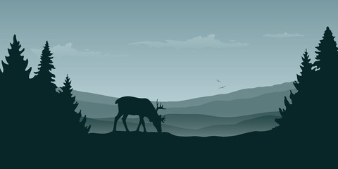 wildlife reindeer mountain view in the fog and forest landscape vector illustration EPS10