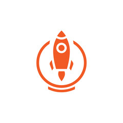 rocket ship with fire flying in the circle isolated on white. Flat line icon.