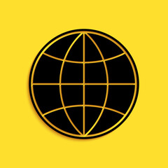 Black Earth globe icon isolated on yellow background. World or Earth sign. Global internet symbol. Geometric shapes. Long shadow style. Vector.