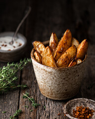 baked potato wedges with sauce and thyme in a ceramic cup on a wooden rustic background