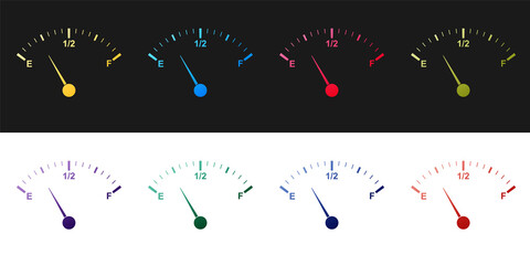 Set Motor gas gauge icon isolated on black and white background. Empty fuel meter. Full tank indication. Vector.