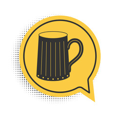 Black Wooden beer mug icon isolated on white background. Yellow speech bubble symbol. Vector.