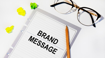 BRAND MESSAGE text, pen, glasses. Reports serve as the background.