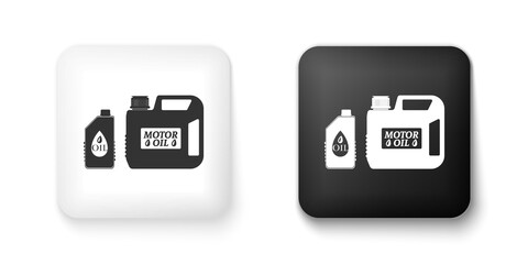 Black and white Plastic canister for motor machine oil icon isolated on white background. Oil gallon. Oil change service and repair. Engine oil sign. Square button. Vector.