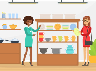 People Shopping in Tableware Store, Shop Assistant Helping Woman to Choose Kithchen Dishes Vector Illustration