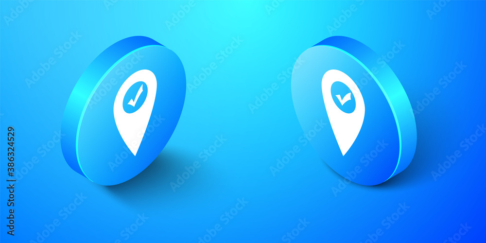 Poster isometric map pointer with check mark icon isolated on blue background. marker location sign. tick s