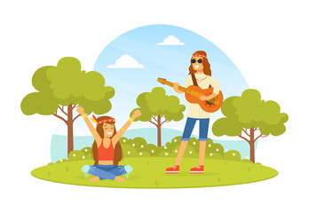 Obraz na płótnie Canvas Hippie Characters on Summer Nature Landscape, Young Man Playing Guitar, Happy People Wearing Retro Clothes of the 60s and 70s Vector Illustration
