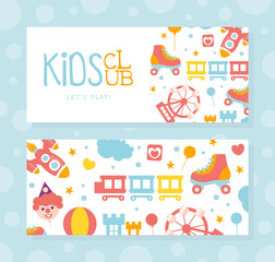 Kids Club Card Template, Childrens Land, Entertainment Club Promo Poster with Amusement Park Elements Seamless Pattern Vector Illustration