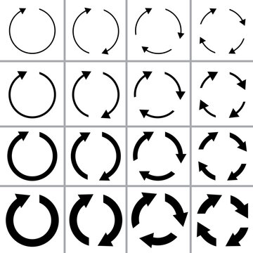 Circular arrow in the box. Transformation symbol. Circulation icon. Set of circular arrows. Vector illustration. Stock image.