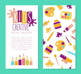 Creative Arts Center Business Card Template, Kids Education, Art, Craft, Creativity Class, School Design Cartoon Vector Illustration