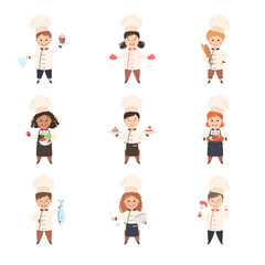 Cute Children Chefs Cooking in Kitchen Set, Kids in Uniform and Hats with Cooking Tools and Freshly Prepared Dishes Cartoon Style Vector Illustration
