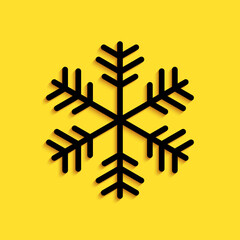 Black Snowflake icon isolated on yellow background. Long shadow style. Vector.