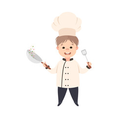 Cute Boy Chef Cook Frying Vegetables on Pan, Smiling Kid in Chef Uniform Cooking in Kitchen Cartoon Style Vector Illustration