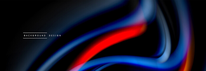 Dynamic motion abstract background. Color blurred stripes on black. Wave liquid lines poster. Vector illustration