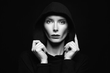black and white portrait of Halloween Widow in hoodie