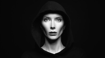 Fototapeta premium black and white portrait of Halloween Widow in hoodie