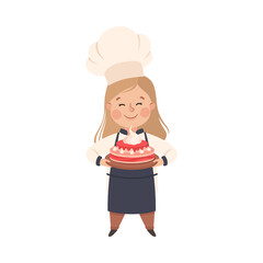 Cute Girl Chef Cook Holding Tray with Cake, Kid in Chef Uniform Cooking in Kitchen Cartoon Style Vector Illustration