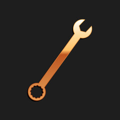 Gold Spanner icon isolated on black background. Long shadow style. Vector.