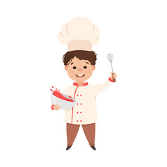 Cute Boy Chef Cook Mixing Ingredients in Bowl, Smiling Kid in Chef Uniform Cooking in Kitchen Cartoon Style Vector Illustration