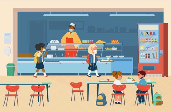 Vector School Canteen With Different Races Pupils In Protective Masks Standing In Line To Take Food  And Sitting At Table Eating. School Life During Covid-19 Pandemic. Flat Illustration.