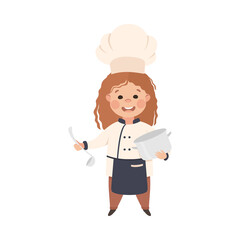 Cute Girl Chef Cook Holding Pan and Ladle, Kid in Chef Uniform Cooking in Kitchen Cartoon Style Vector Illustration