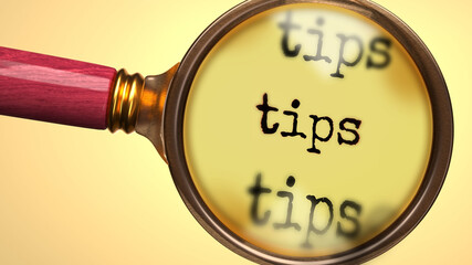 Examine and study tips, showed as a magnify glass and word tips to symbolize process of analyzing, exploring, learning and taking a closer look at tips, 3d illustration