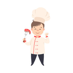 Cute Boy Chef Cooking Meat Steak, Kid in Chef Uniform Cooking in Kitchen Cartoon Style Vector Illustration