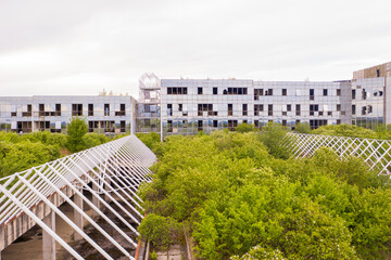 Fototapeta premium Aerial view of glass facade at unfinished university hospital, Zagreb, Croatia.