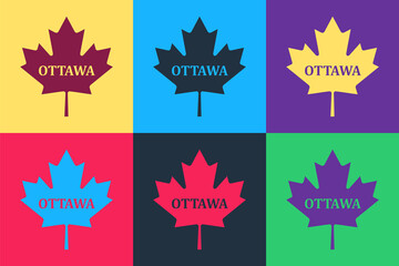 Pop art Canadian maple leaf with city name Ottawa icon isolated on color background. Vector.