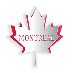 Paper cut Canadian maple leaf with city name Montreal icon isolated on white background. Paper art style. Vector.