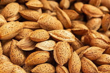 Background of unpeeled almonds in the shell. Full frame top view of the scattered nuts. Beautiful texture of the food. Sale of almonds at the farmers ' market. Macro photography of nuts. Harvest.