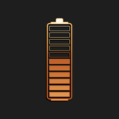 Gold Battery charge level indicator icon isolated on black background. Battery charging - power sign. Electricity symbol - energy sign. Long shadow style. Vector.