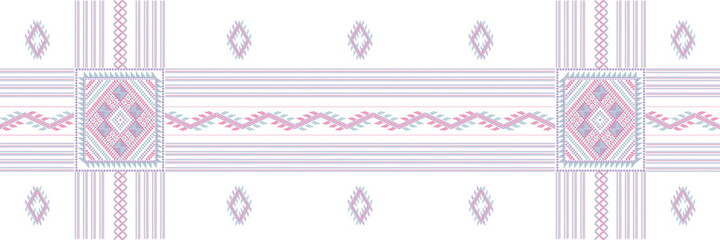 Seamless pattern based on Tai Dum tribal embroidery pattern. Pastel color stitch on white blue background. Idea for paper, cover, fabric, interior decor and other users.