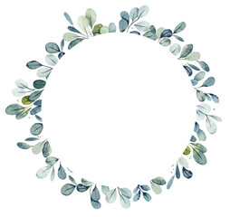 Circle Frame from Green leaves. Watercolor hand drawn illustration