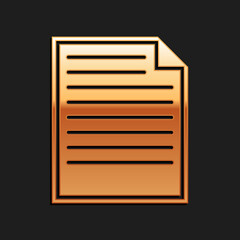 Gold Document icon isolated on black background. File icon. Checklist icon. Business concept. Long shadow style. Vector.