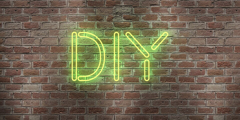 Obraz premium DIY - fluorescent Neon tube Sign on brickwork - Front view. Can be used for online banner ads and direct mailers.. 3d render.