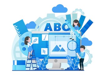 a group of people checking the problem on the website and trying to solve it. Vector illustration