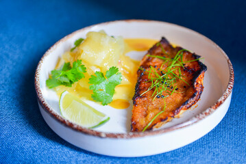 Delicious beef steakes on a white plate. Juicy piece of barbecue meat served in a restaurant.