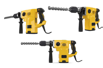 Set of electric drills with cord and attached metal bit, tool for repair