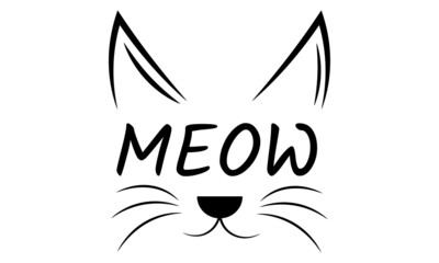Cute Cat Vector Design with Meow text Design, Kitten face vector background for print or use as poster, card, flyer or T Shirt