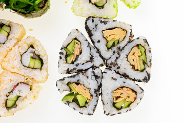 Japanese great sushi and roll set on a white background