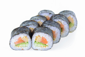 Eight sushi fresh maki rolls, isolated on white. Set of maki rolls with philadelphia cheese. Japanese cuisine.